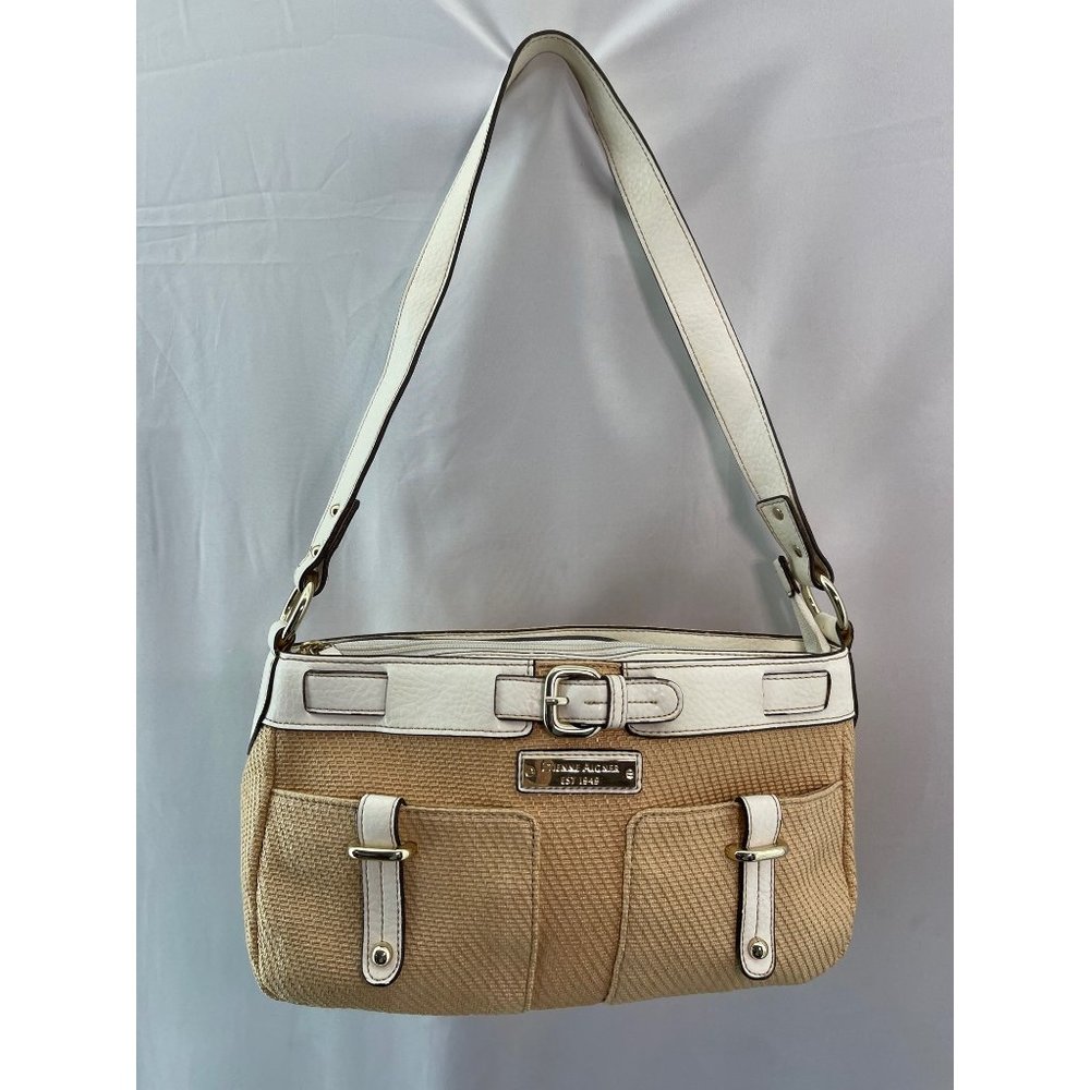 Etienne Aigner White Trimmed Tan Textured Purse - Picture 1 of 12